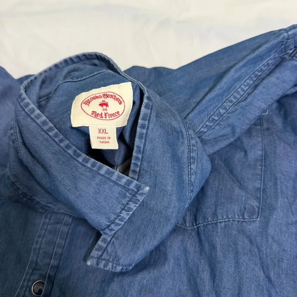 Brooks Brothers Mens Red Fleece Western Denim Shirt XXL Blue Cotton Snap Front